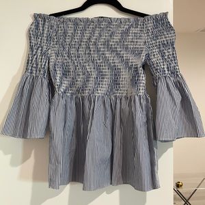Zara blue & white striped off the shoulder blouse